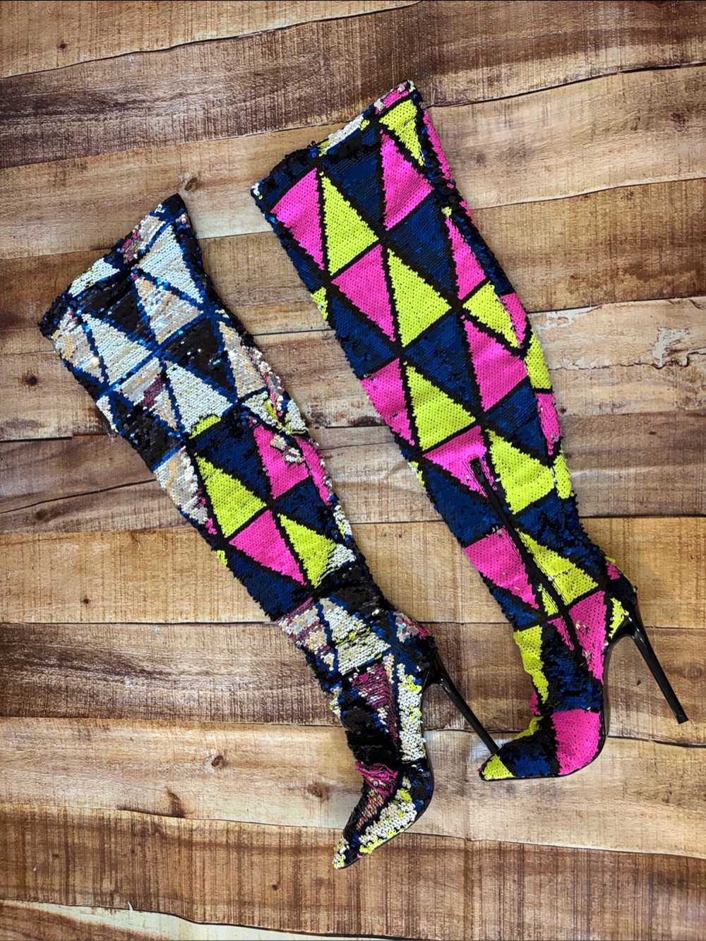 Over-The-Knee Sequin Geometric Stiletto Boots in Neon Multi / Color Changing